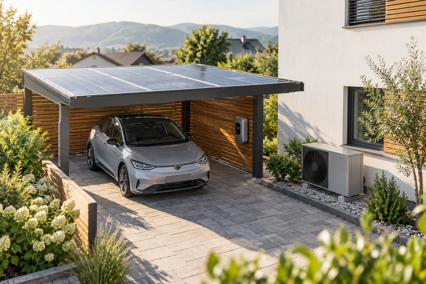 Solardach, Elektroauto und Wärmepumpe in einem Hof