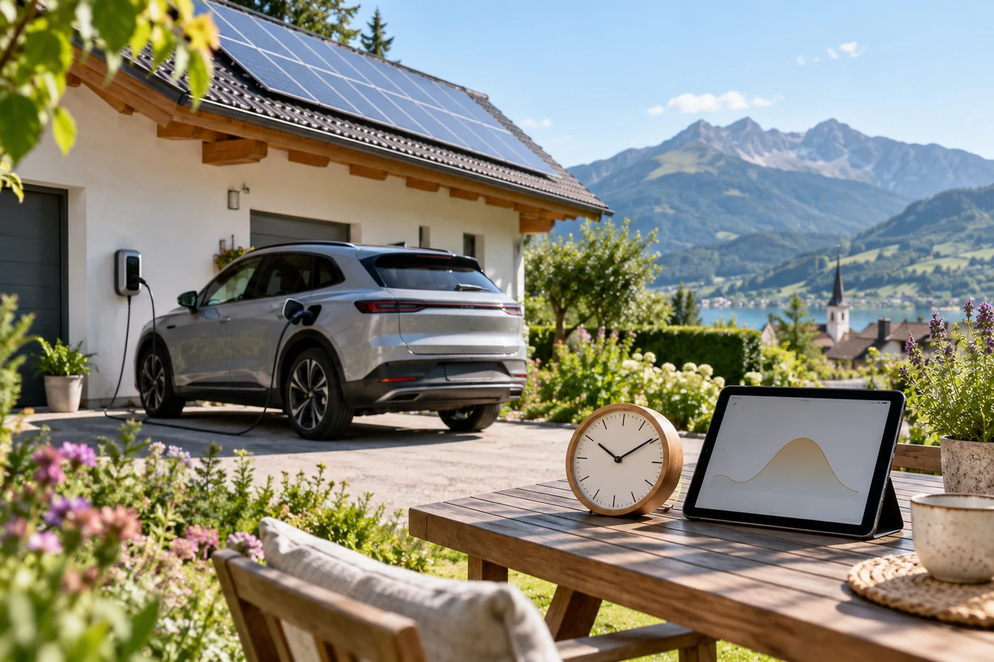 Elektroauto an einer Wallbox vor einem Haus mit PV-Dach