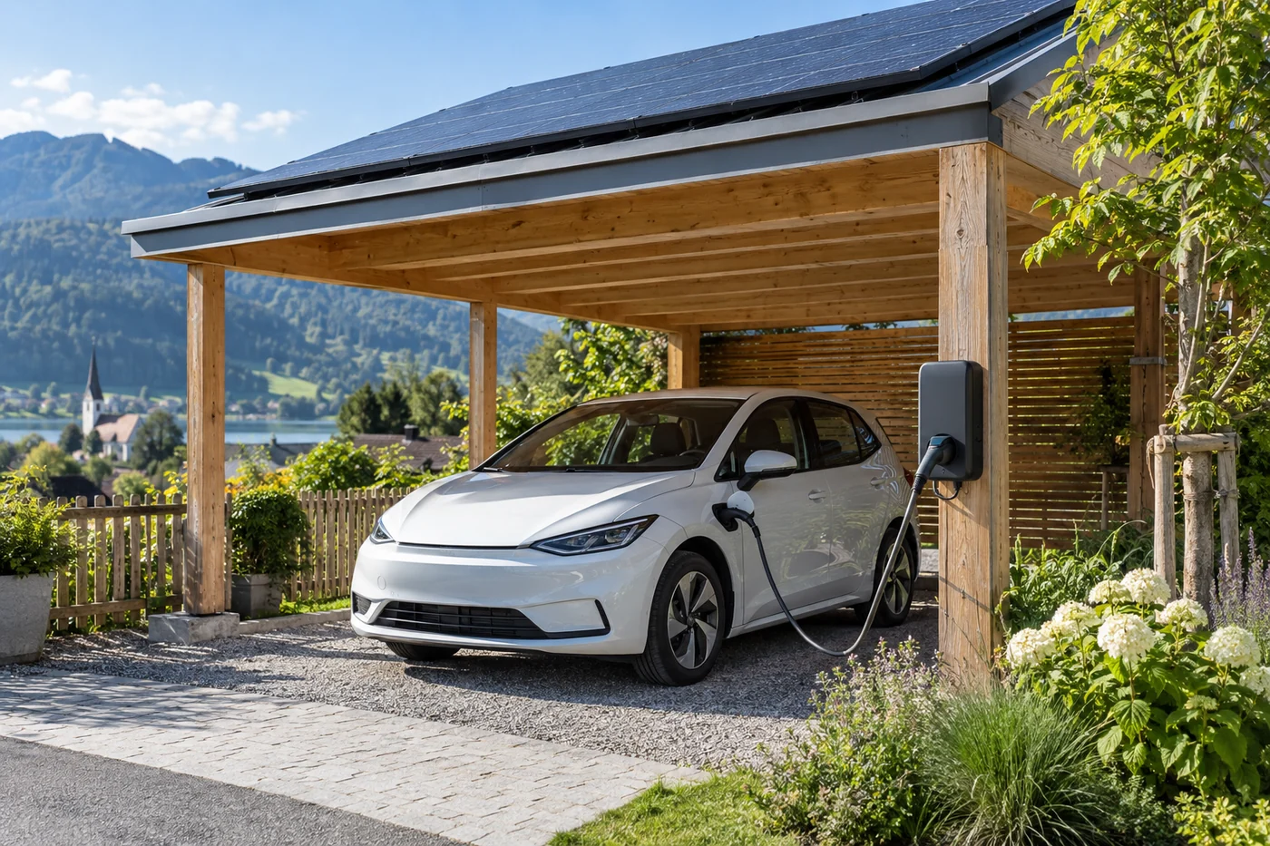 Wallbox lädt ein Elektroauto unter einem Carport mit Solarmodulen