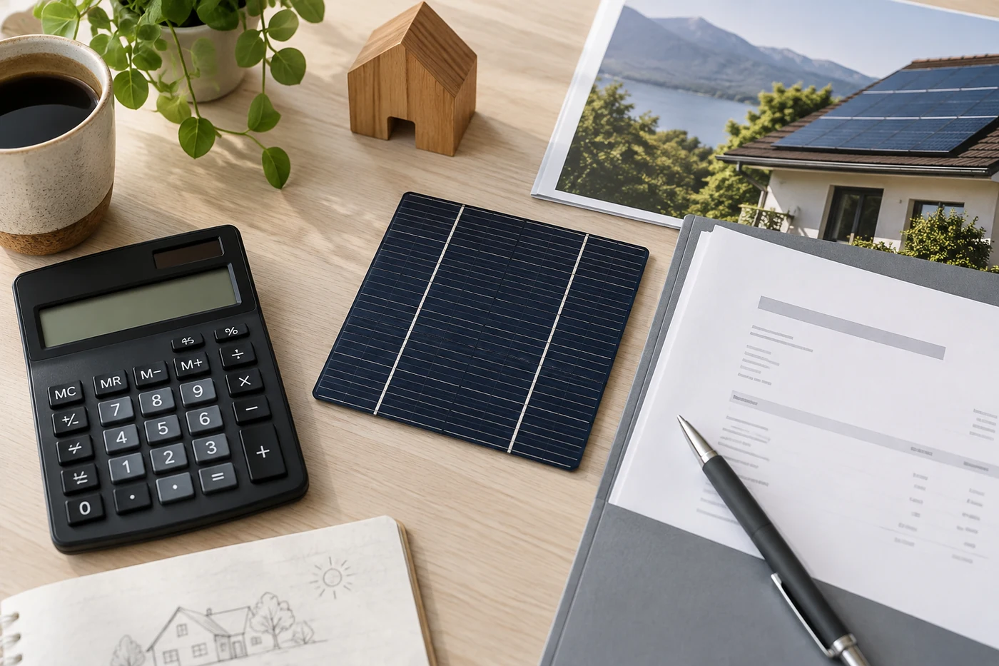 PV-Rechnungsunterlagen mit Taschenrechner und Solarmodulmuster
