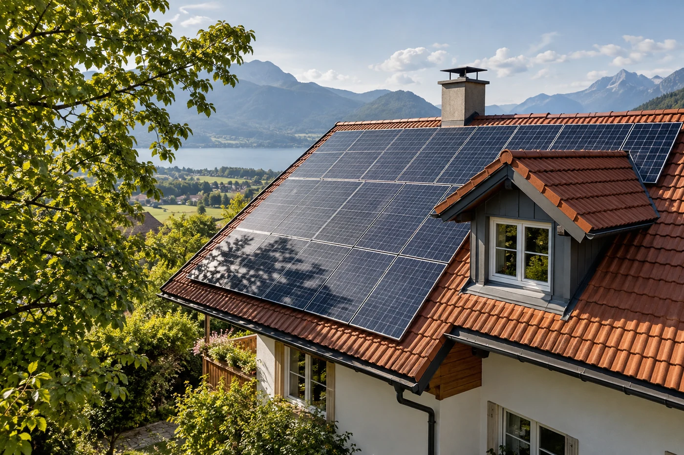Solardach mit Schatten von Kamin und Baum