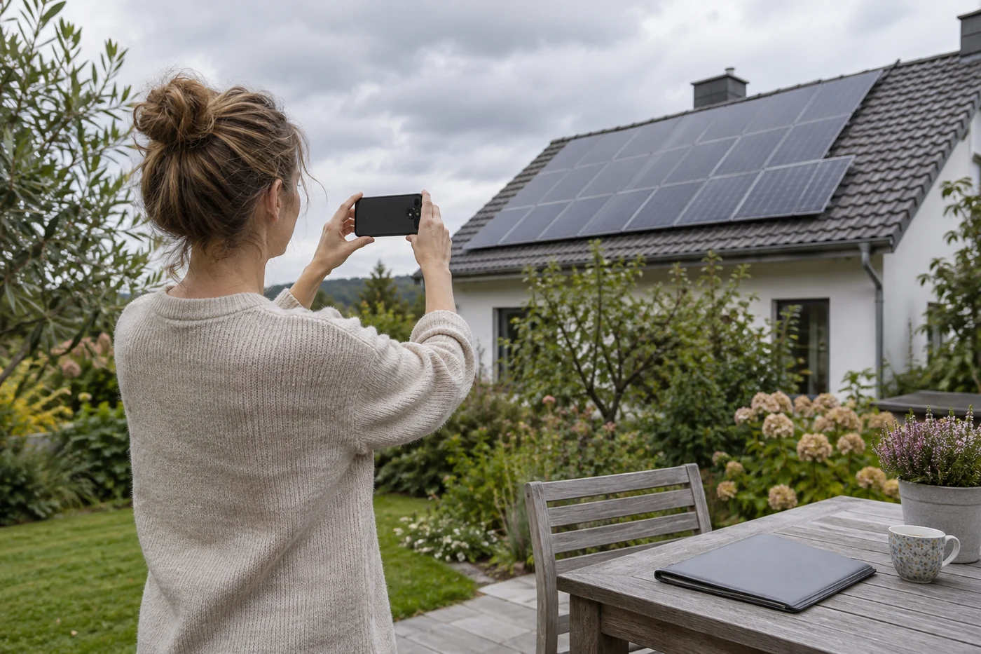 Hausbesitzerin dokumentiert ein PV-Dach mit dem Smartphone
