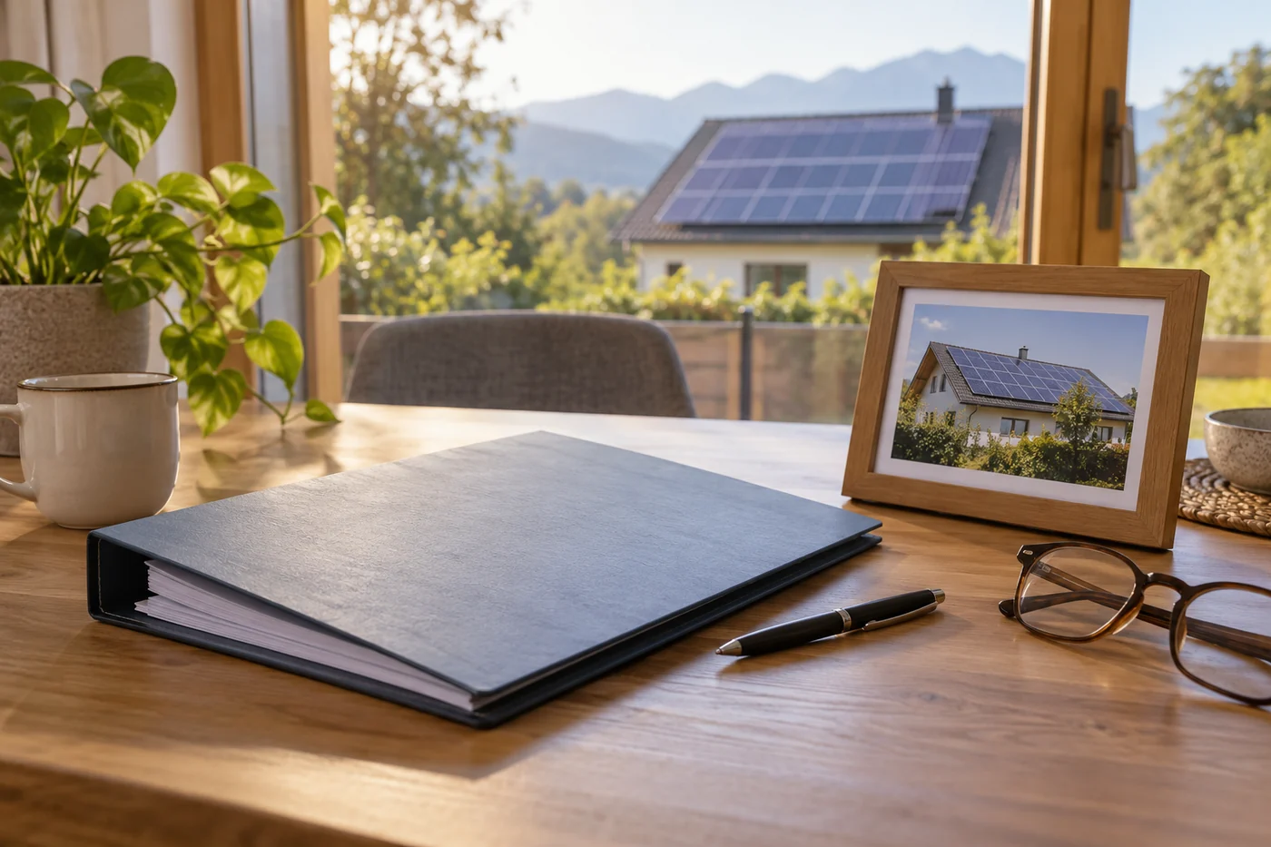 Versicherungsunterlagen und Dachansicht einer Solaranlage