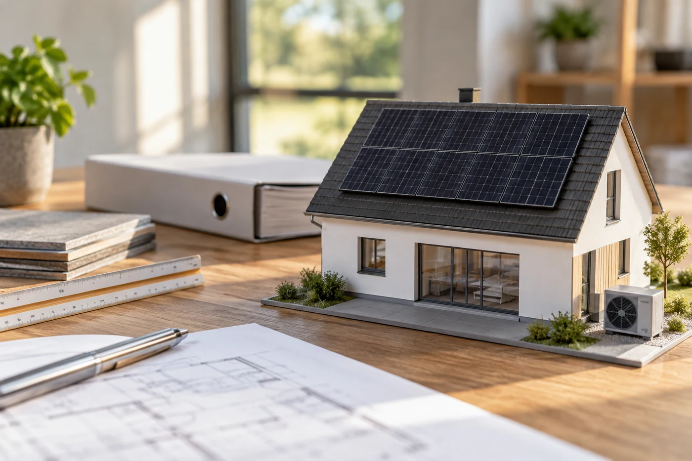 Hausmodell mit Solardach und Wärmepumpe auf einem Planungstisch