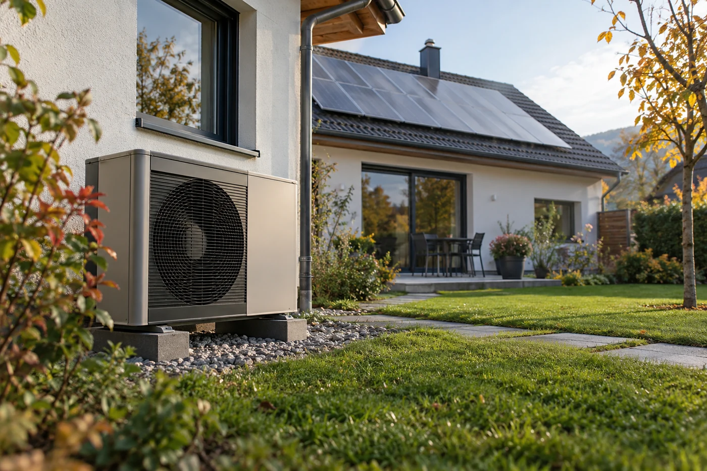 Wärmepumpen-Außengerät neben einem Haus mit Solardach