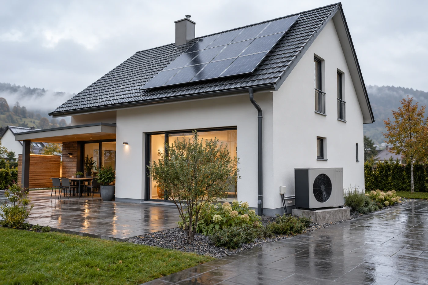 Eine Wärmepumpe neben einem Haus mit Photovoltaikdach