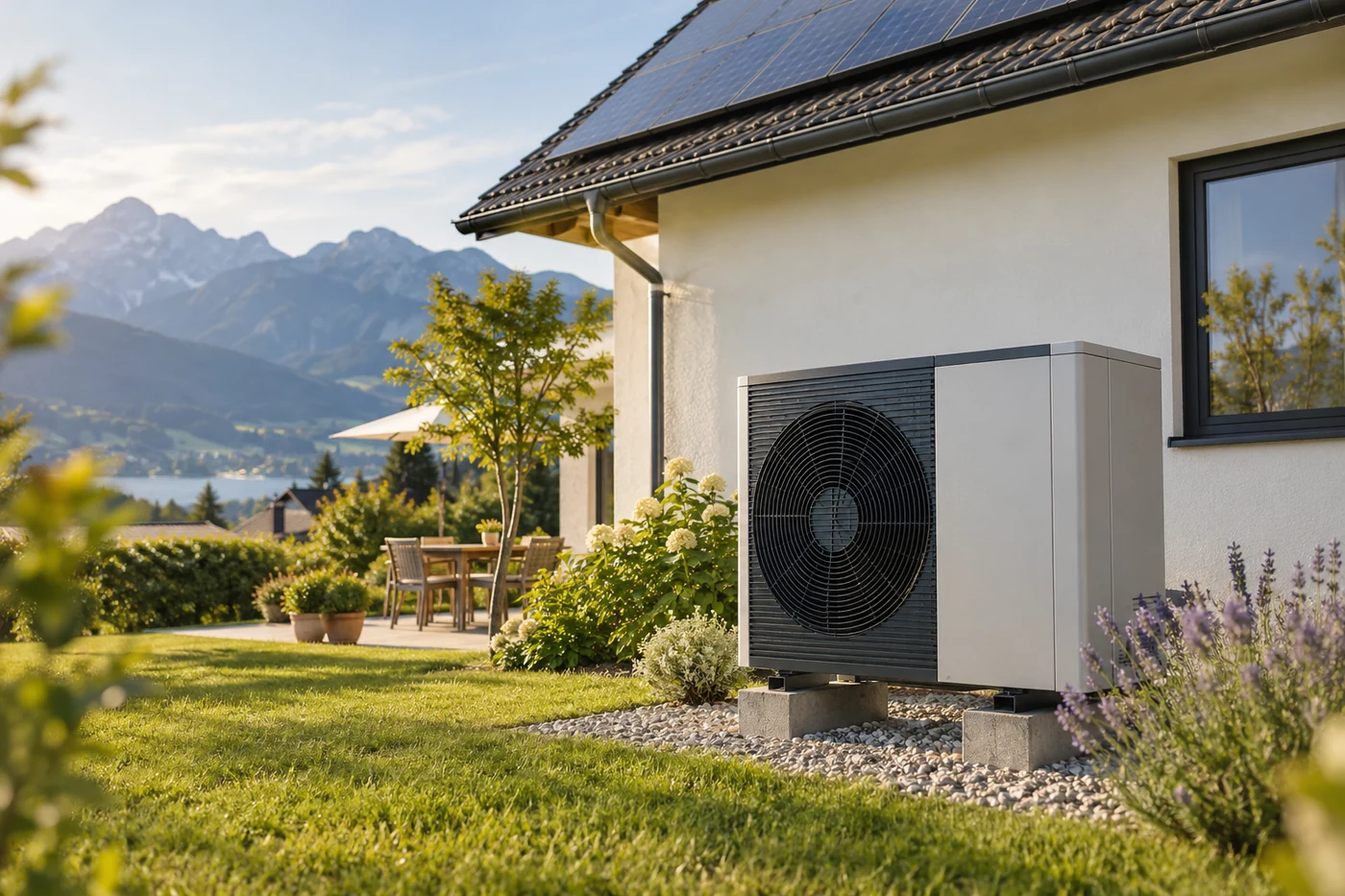 Wärmepumpe neben einem Haus mit Solardach