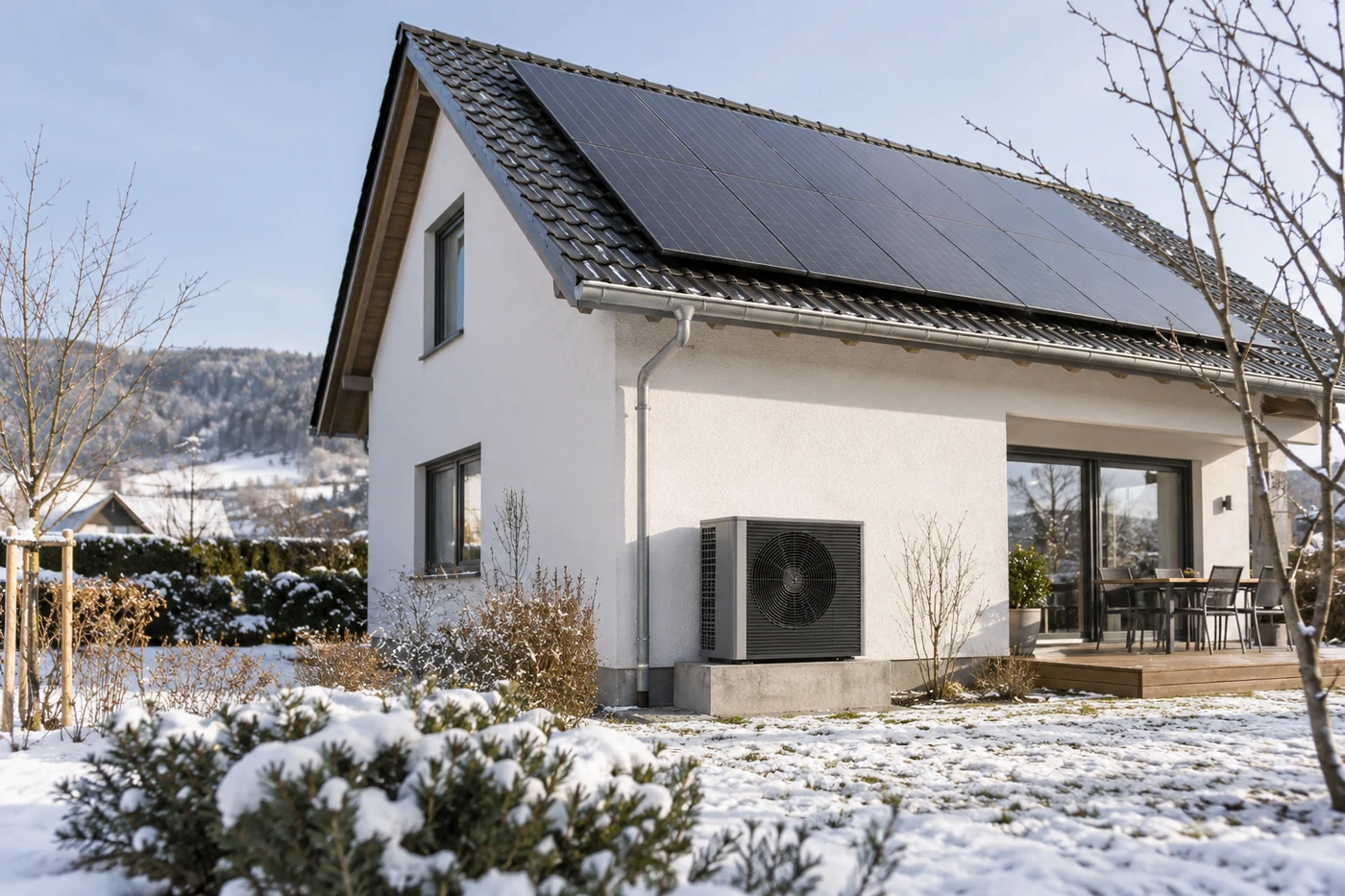Wärmepumpe vor einem Haus mit Solarmodulen im Winter