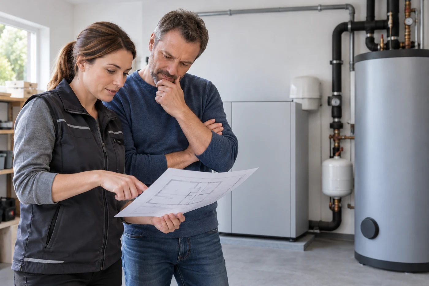 Heizungstechnikerin und Hausbesitzer besprechen Energietechnik