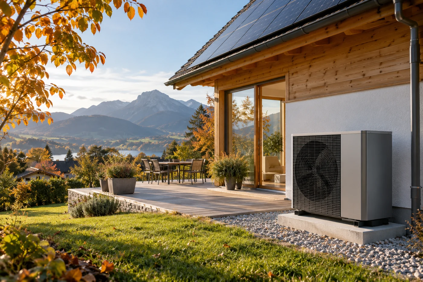 Wärmepumpe neben einem Haus mit Solardach