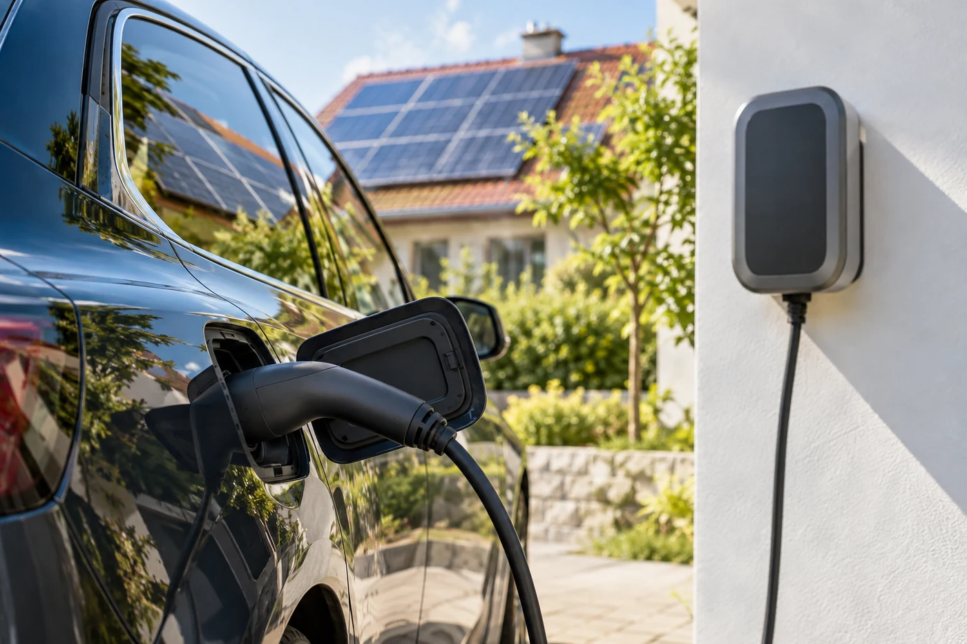 Ladestecker an einem Elektroauto neben einer Wallbox