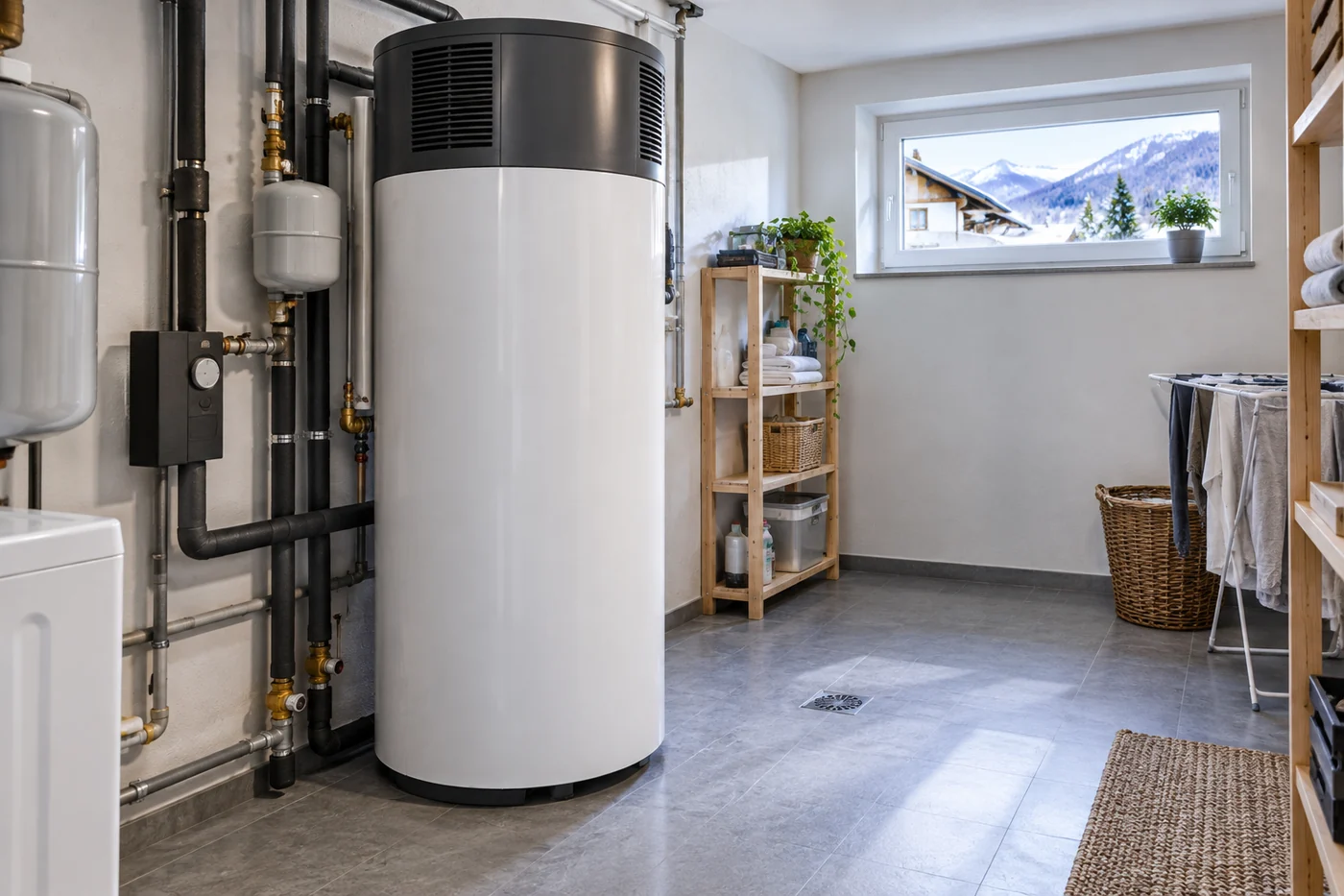 Wärmepumpenboiler zur Warmwasserbereitung in einem modernen Hauswirtschaftsraum