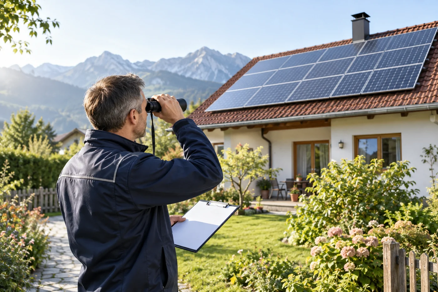 Fachkraft prüft eine Photovoltaikanlage vom Boden aus