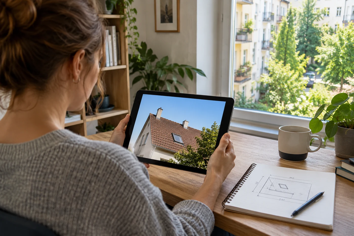 Person bereitet Dachfotos für eine PV-Anfrage am Tablet vor