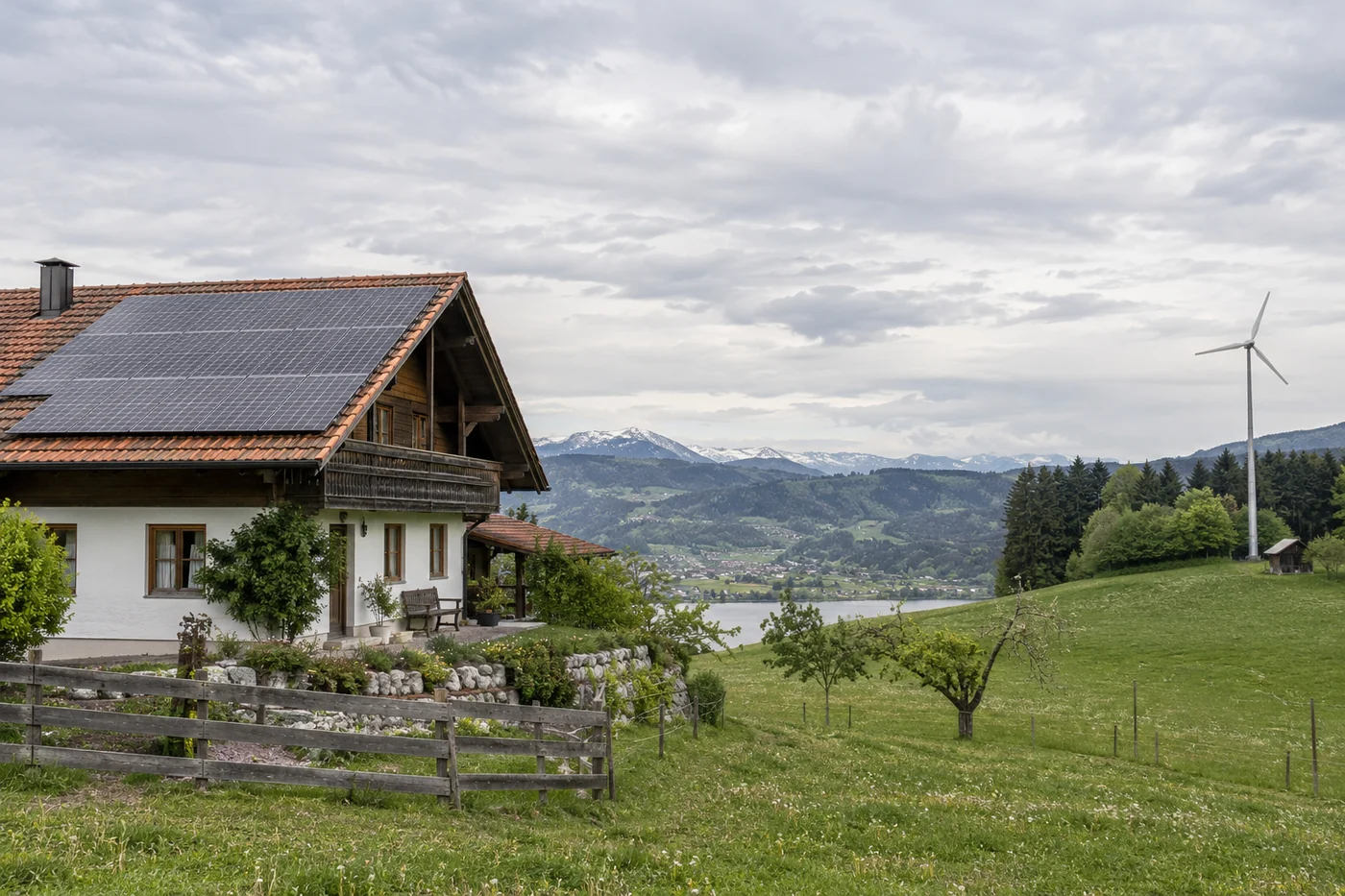 Solardach und kleine Windkraftanlage auf einem ländlichen Grundstück