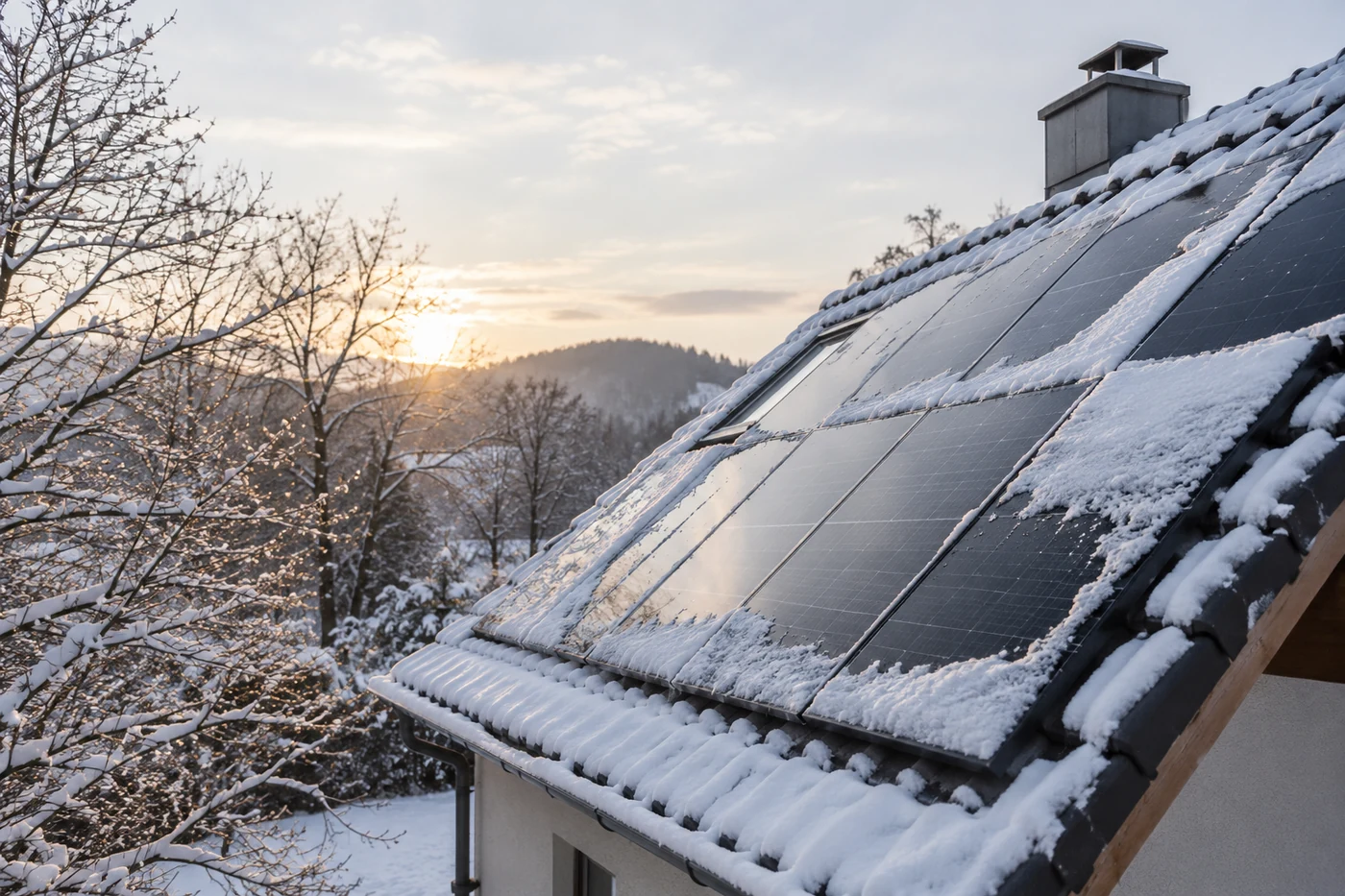 Solarmodule auf einem Dach mit Schnee an den Rändern