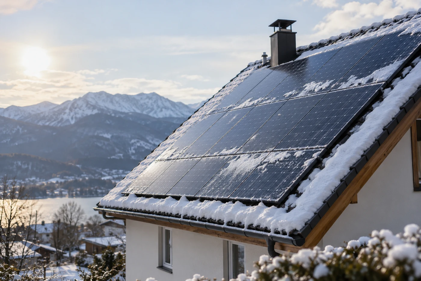 Ein teilweise verschneites Solardach vom Boden aus