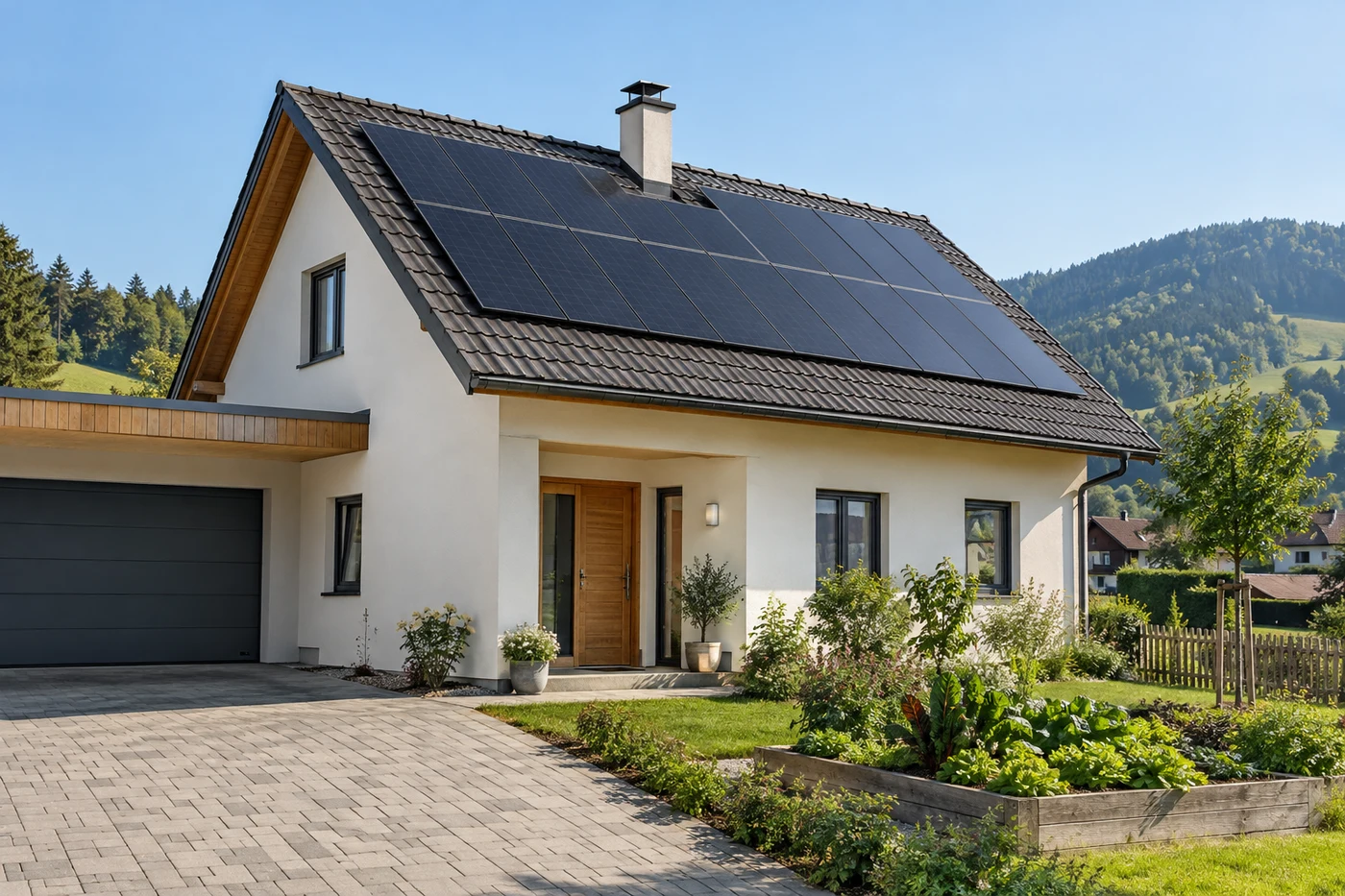 Einfamilienhaus mit Solardach und kleinem Garten