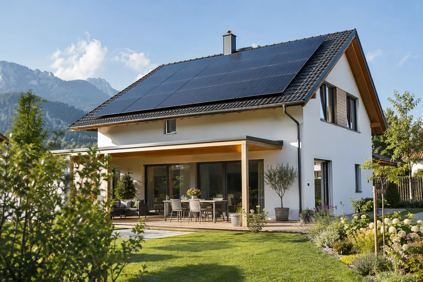 Solarmodule auf dem Dach eines Wohnhauses