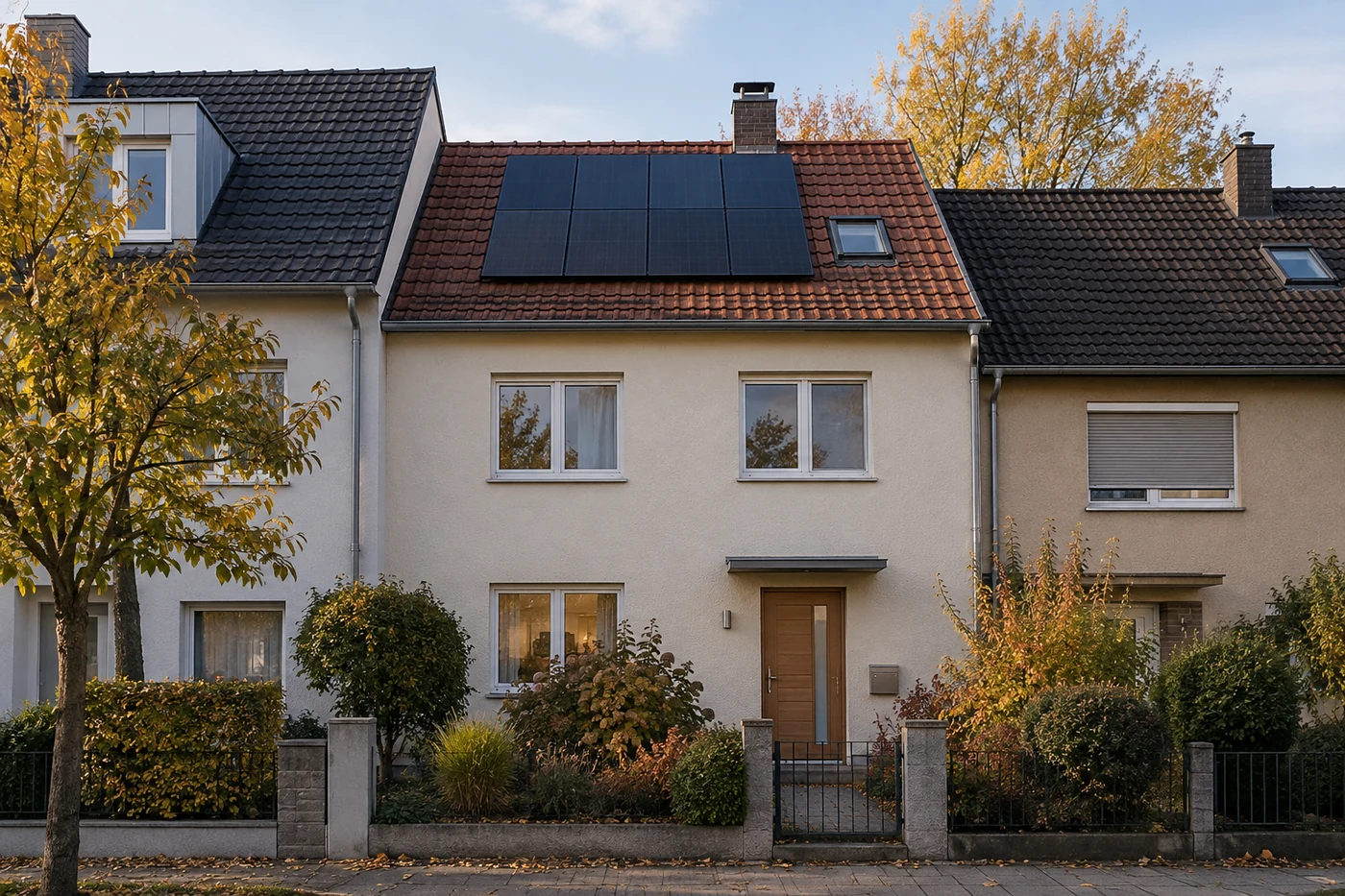 Solarmodule auf dem schmalen Dach eines Reihenhauses zwischen zwei benachbarten Häusern.