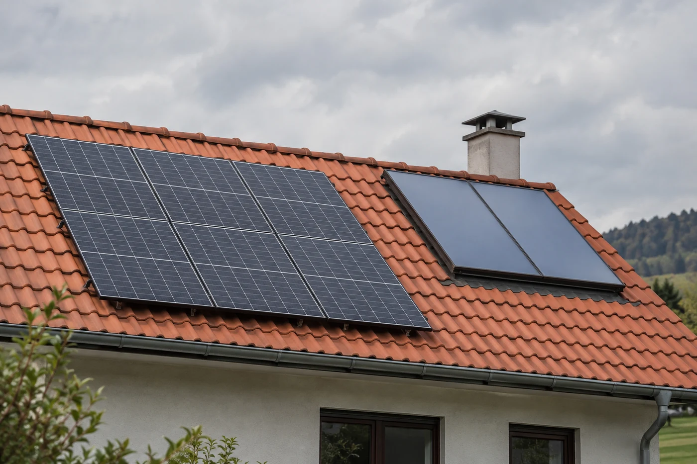 Photovoltaikmodule und flache Solarkollektoren auf einem Ziegeldach