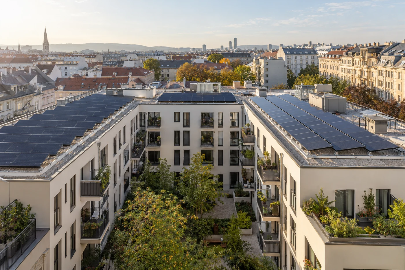 Wohnanlage mit Solardach über einem Innenhof
