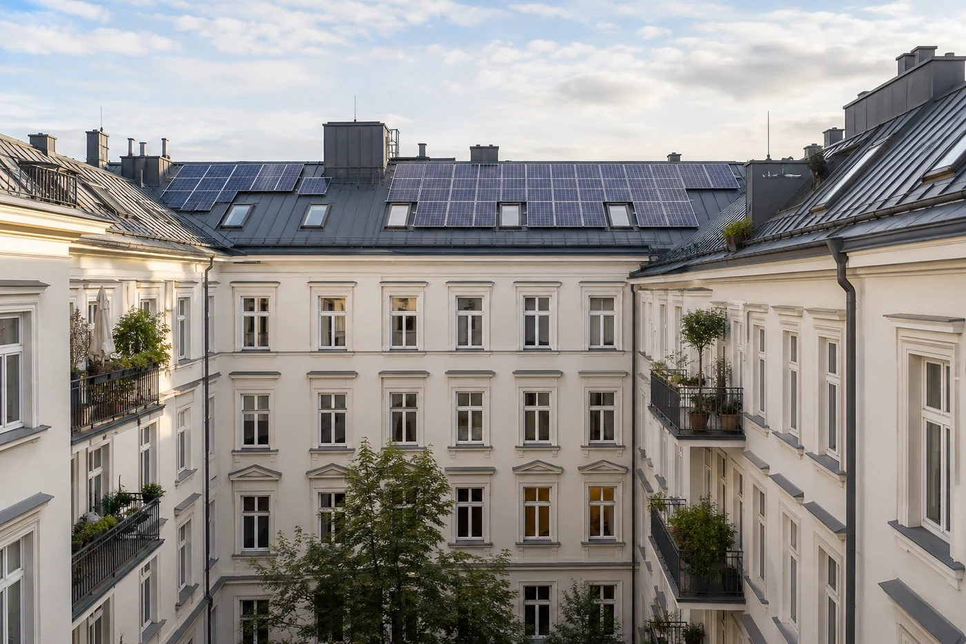 Solarmodule auf dem Dach eines mehrgeschossigen Wohnhauses