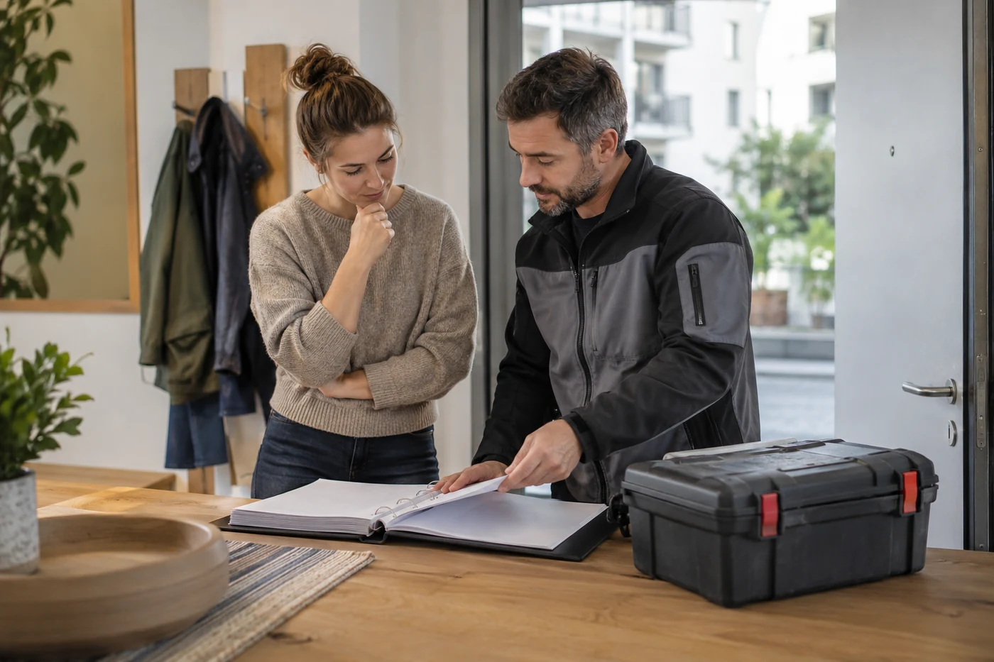 Zwei Personen besprechen eine Projektmappe neben einem Werkzeugkoffer