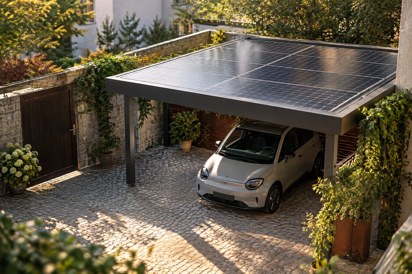 Solarmodule auf einem Carport in einem begrünten Hof.