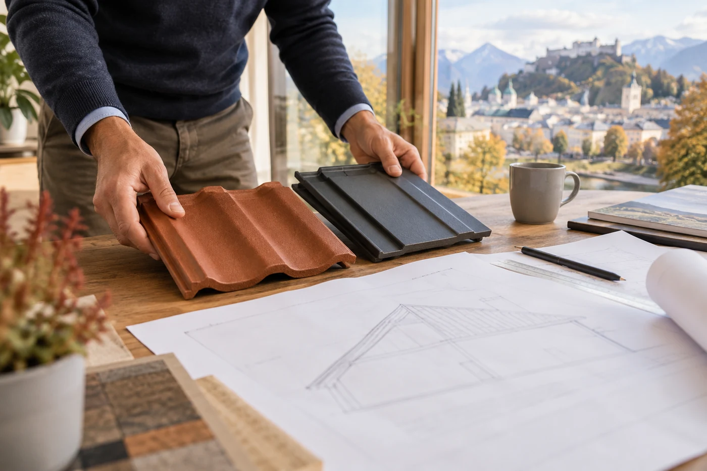 Dachmaterialmuster und Dachplan für eine PV-Beratung