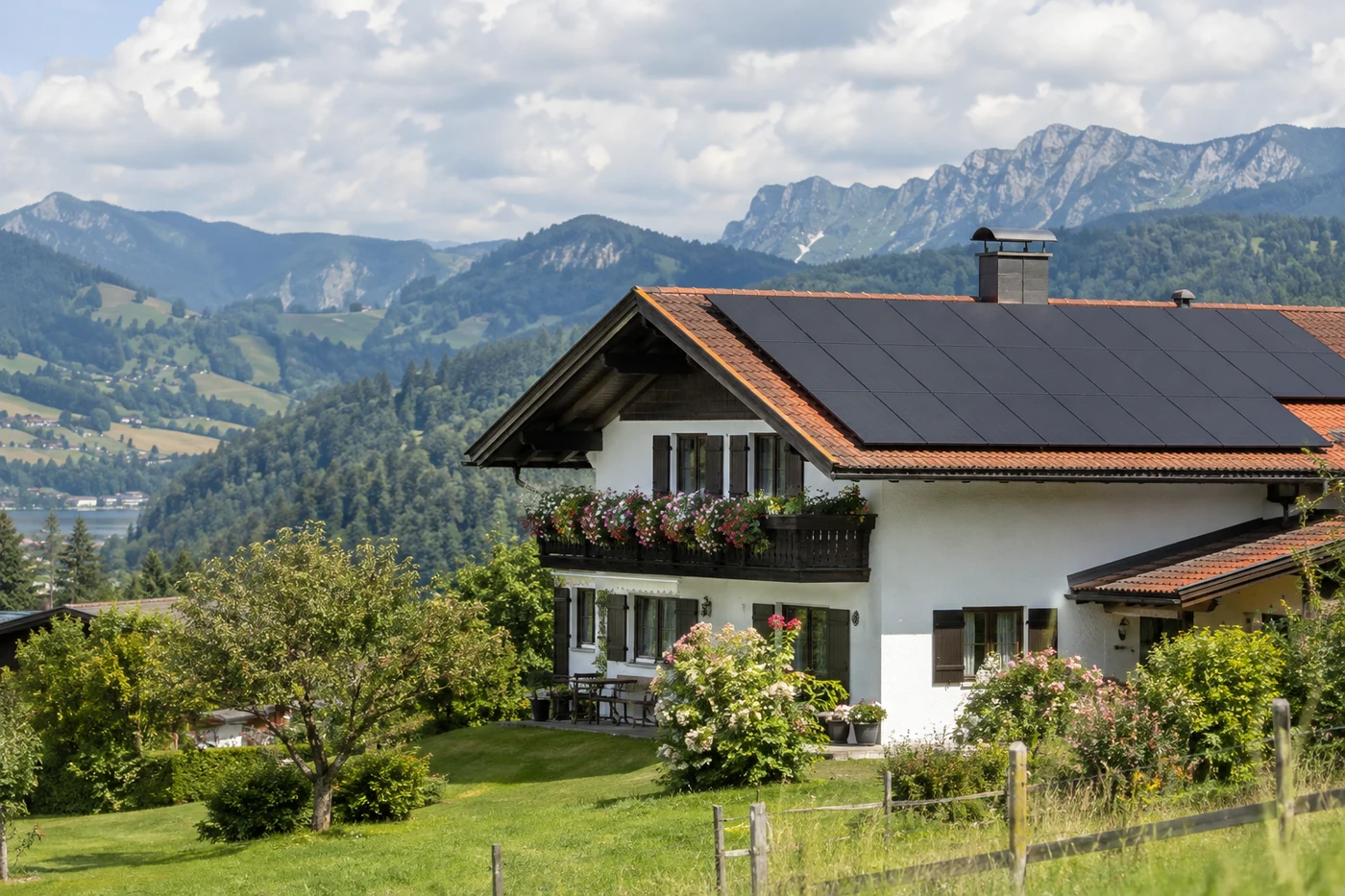 Wohnhaus mit Photovoltaik vor grünen Hügeln