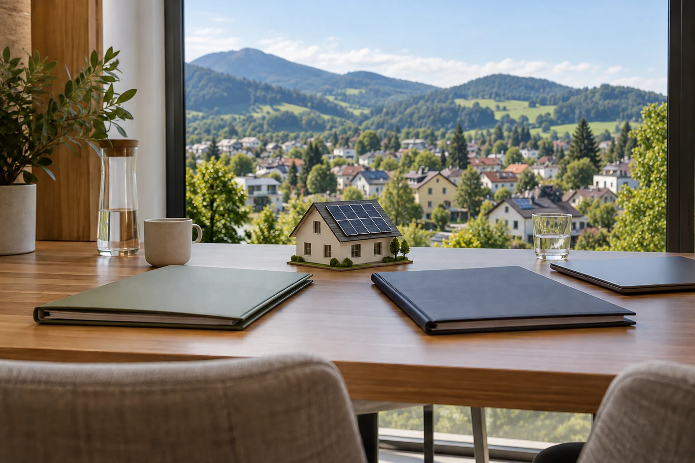 Zwei Projektmappen und ein Dachmodell auf einem Tisch vor einer Dachlandschaft