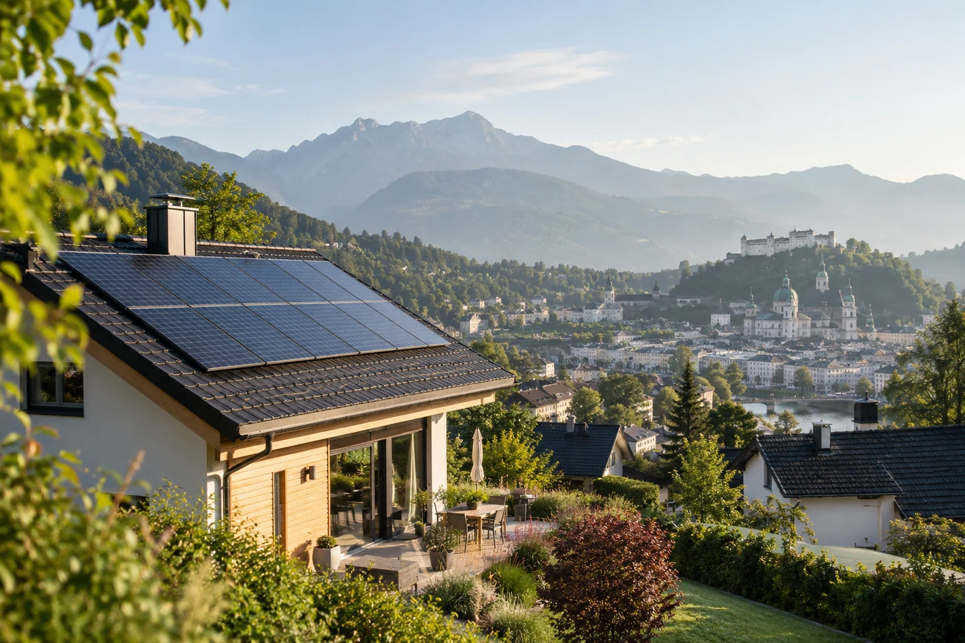 Solarmodule auf einem Wohnhaus vor einer Dachlandschaft