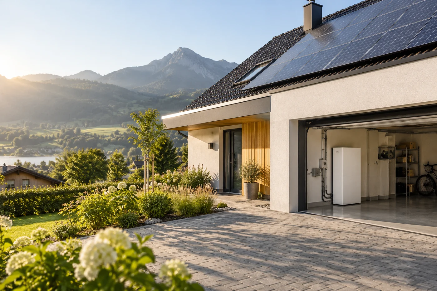 Wohnhaus mit Photovoltaik und offener Garagentür
