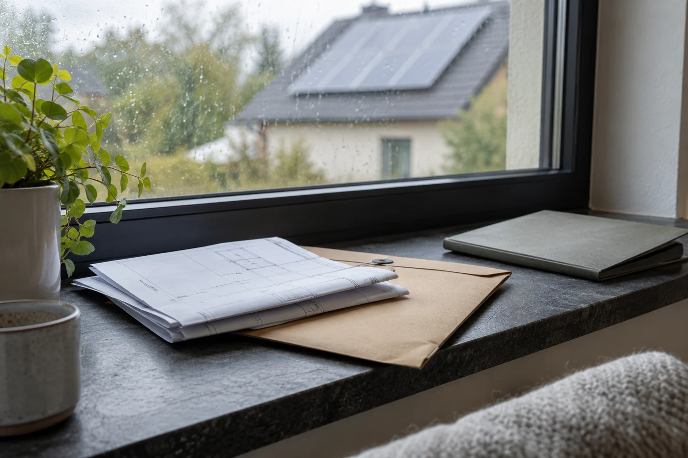 Unbeschriftete Projektunterlagen und Umschlag auf einer Fensterbank