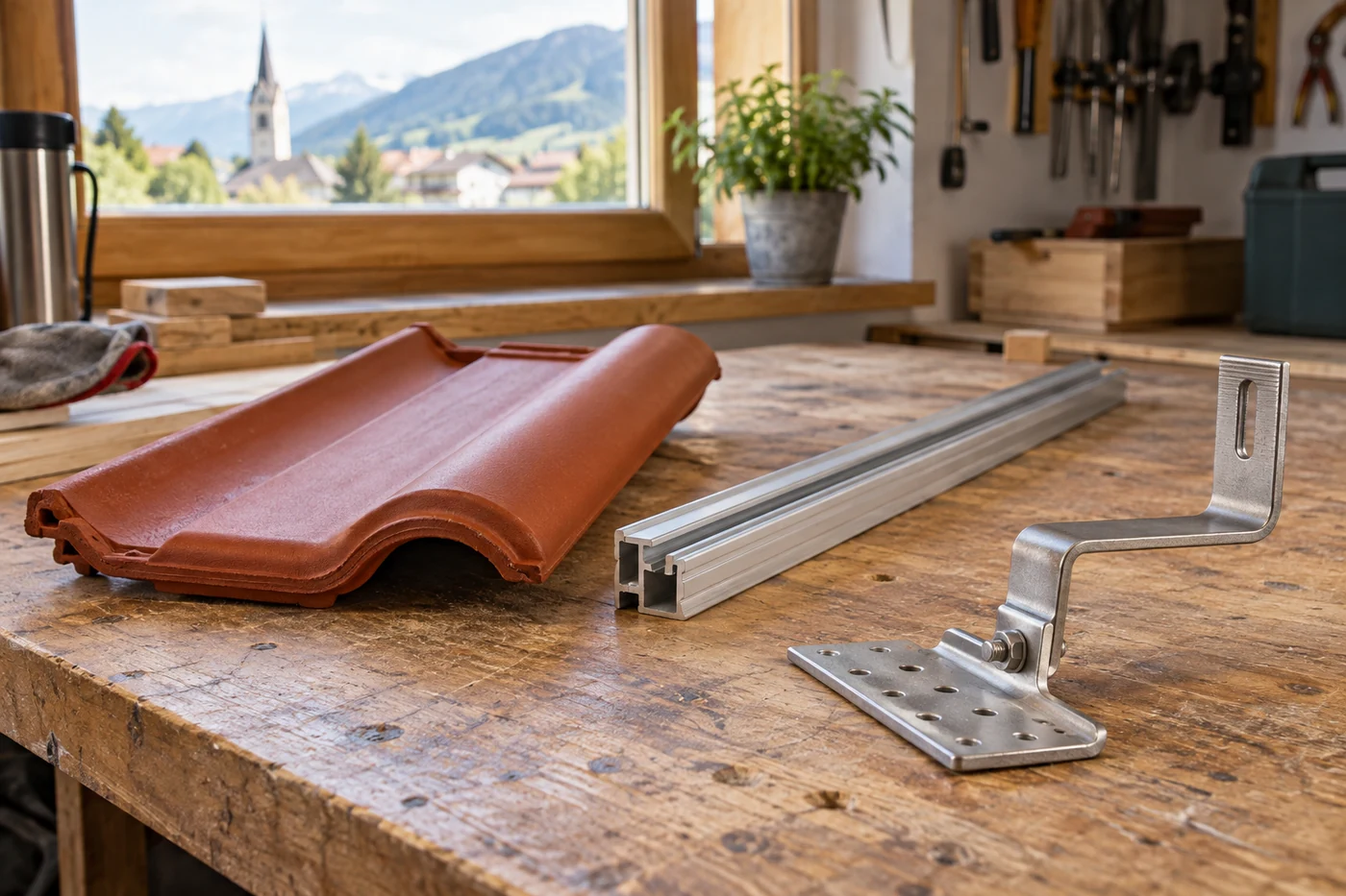 Dachziegel und ein Dachhakenmuster auf einer Werkbank