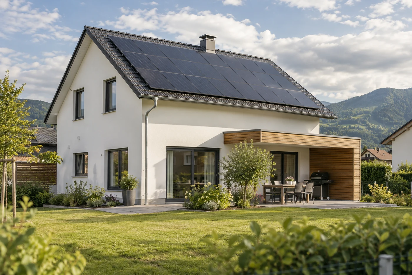 Solarmodule auf einem Wohnhaus mit Garten