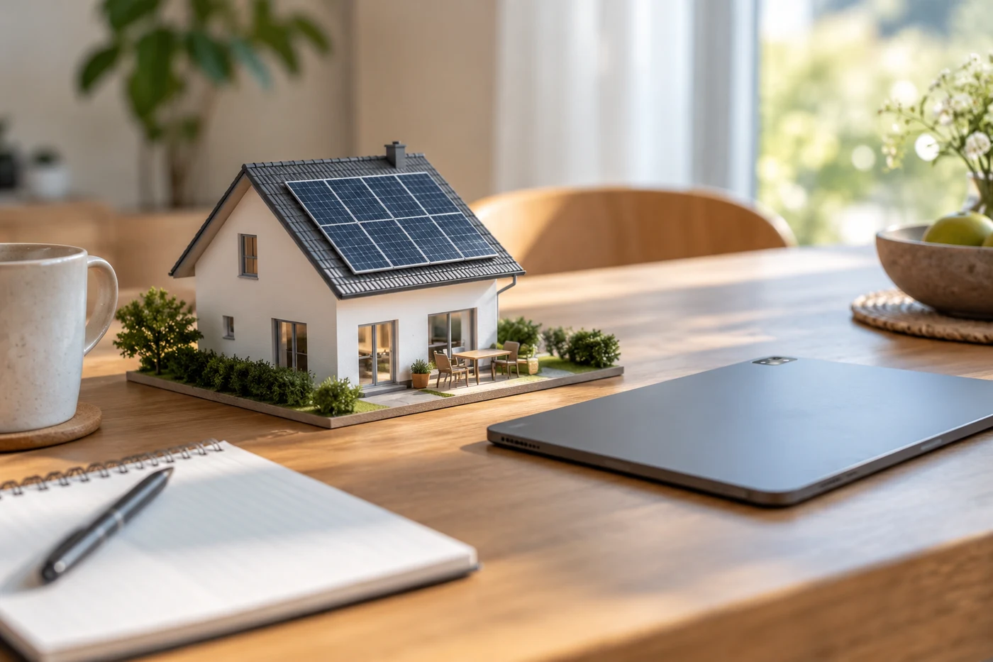 Hausmodell mit Solarmodulen neben einem Tablet auf einem Tisch