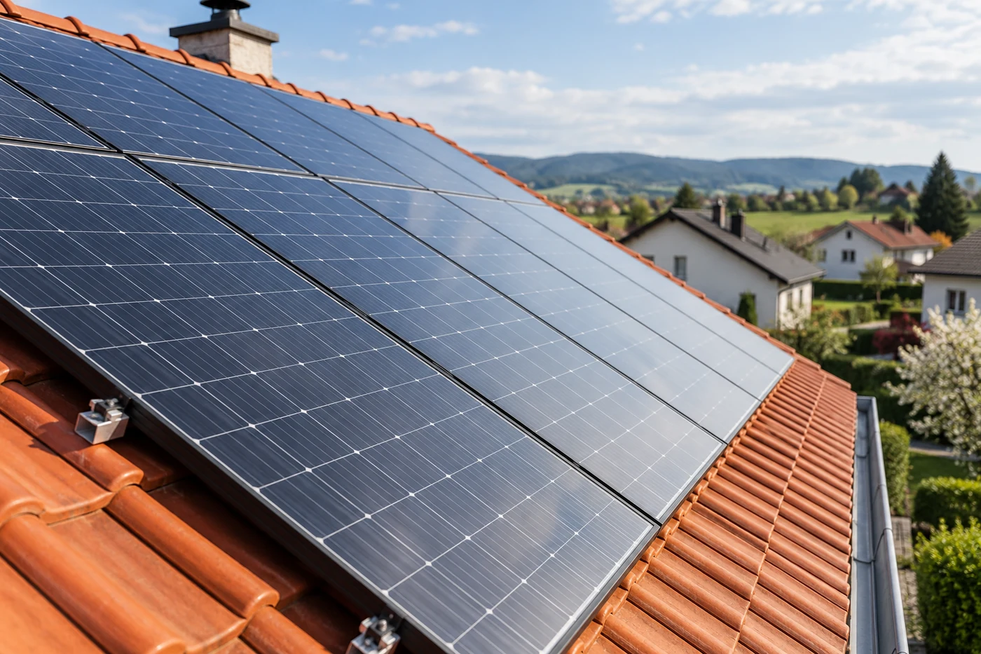 Gerahmte Solarmodule über roten Dachziegeln