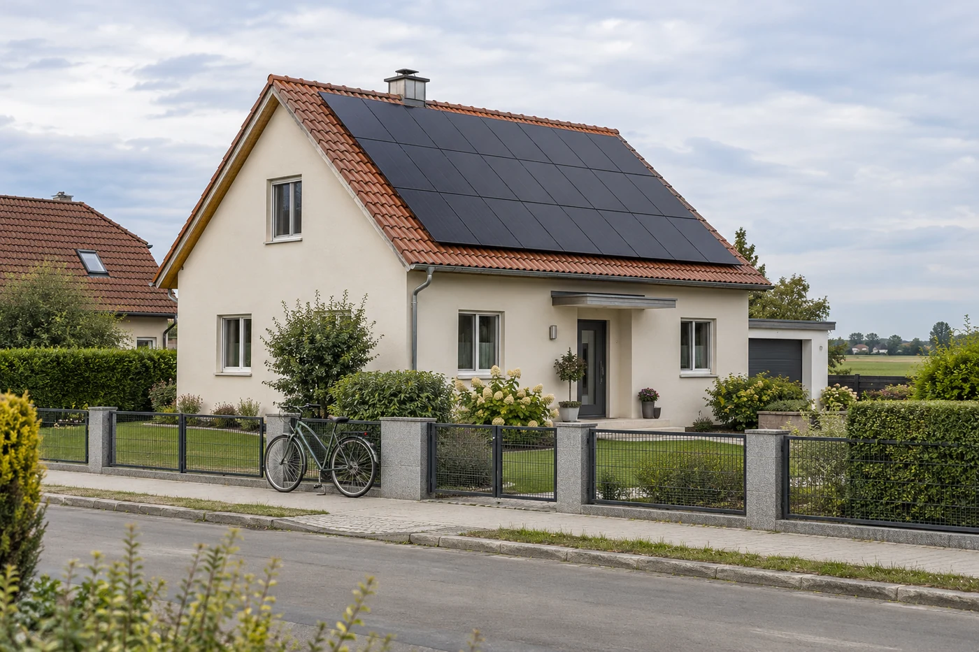 Wohnhaus mit rotem Dach und Solarmodulen