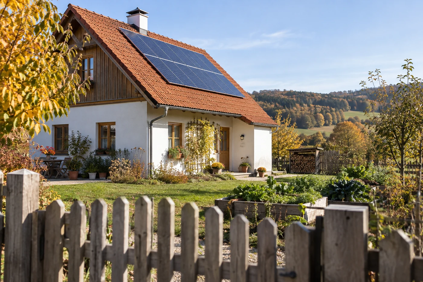 Solarmodule auf einem Hausdach hinter einem Holzzaun