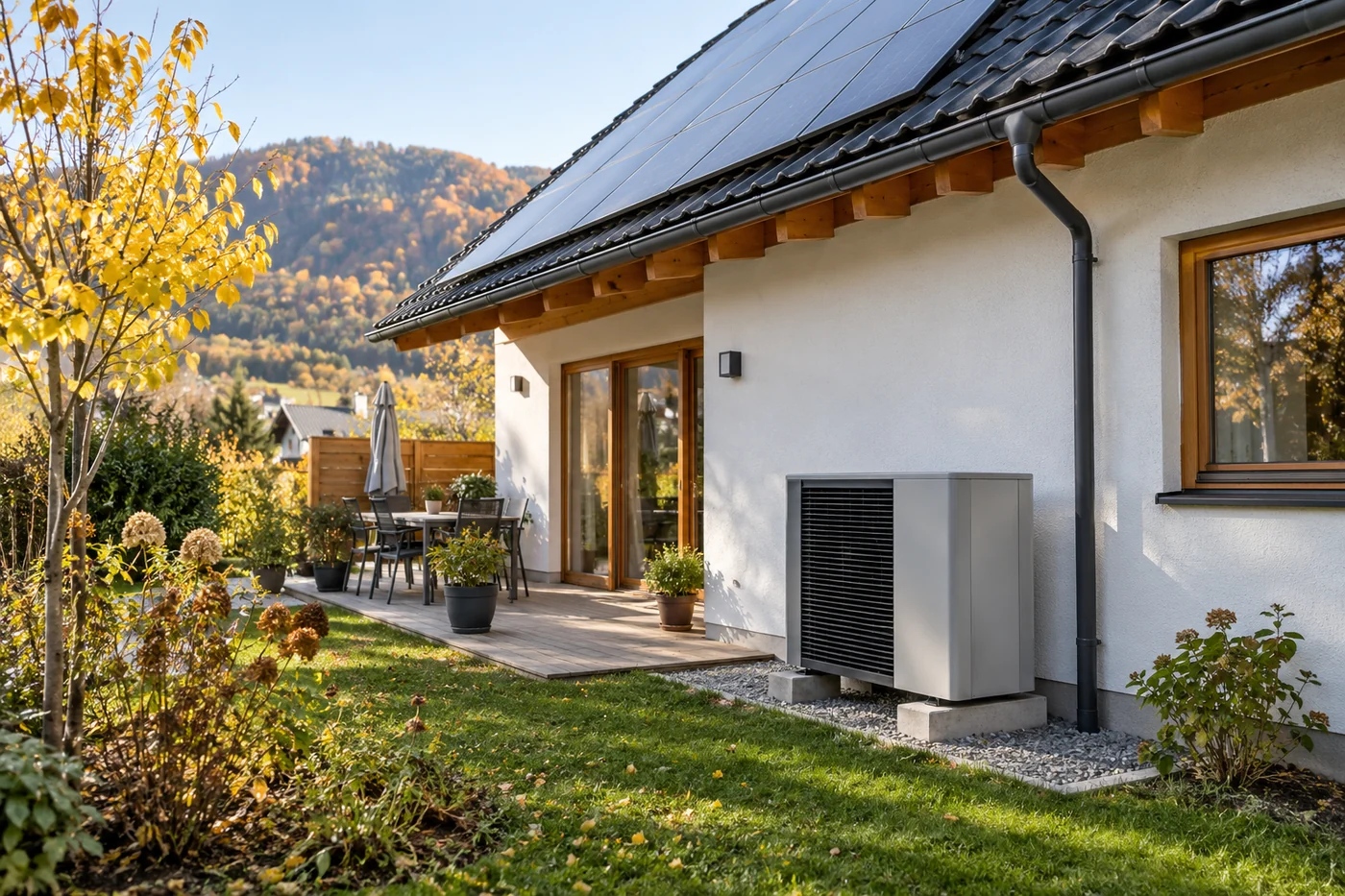 Wärmepumpe und Solardach an einem Wohnhaus