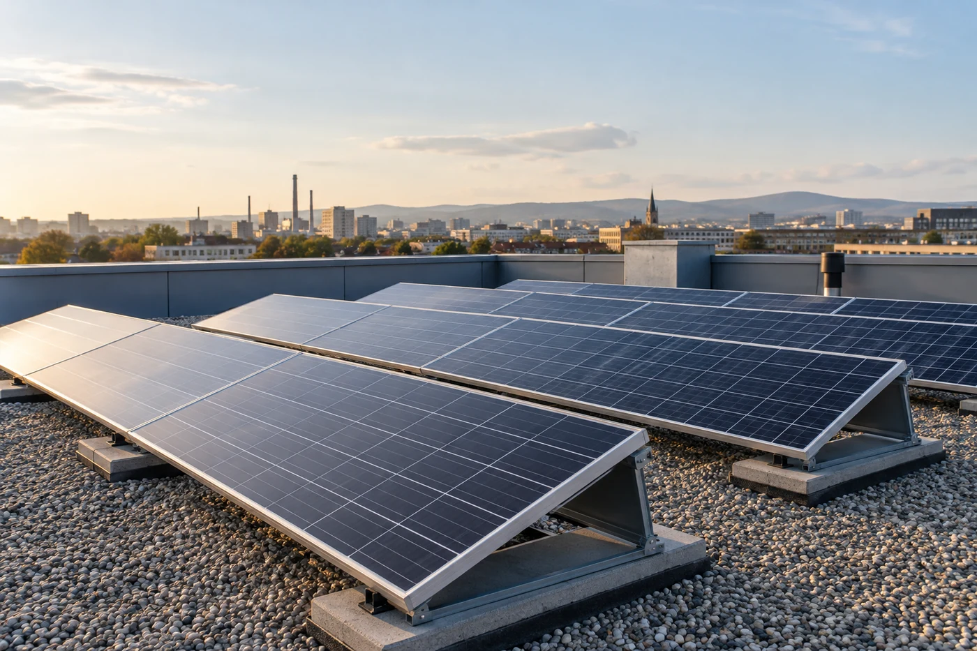 Photovoltaikmodule auf einem Flachdach mit Metallbrüstung