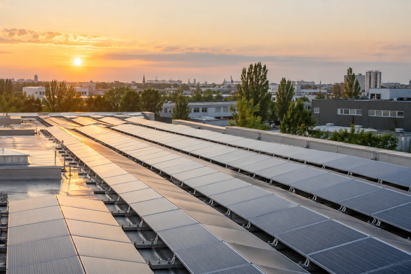 Reihen von Solarmodulen auf einer Industriehalle