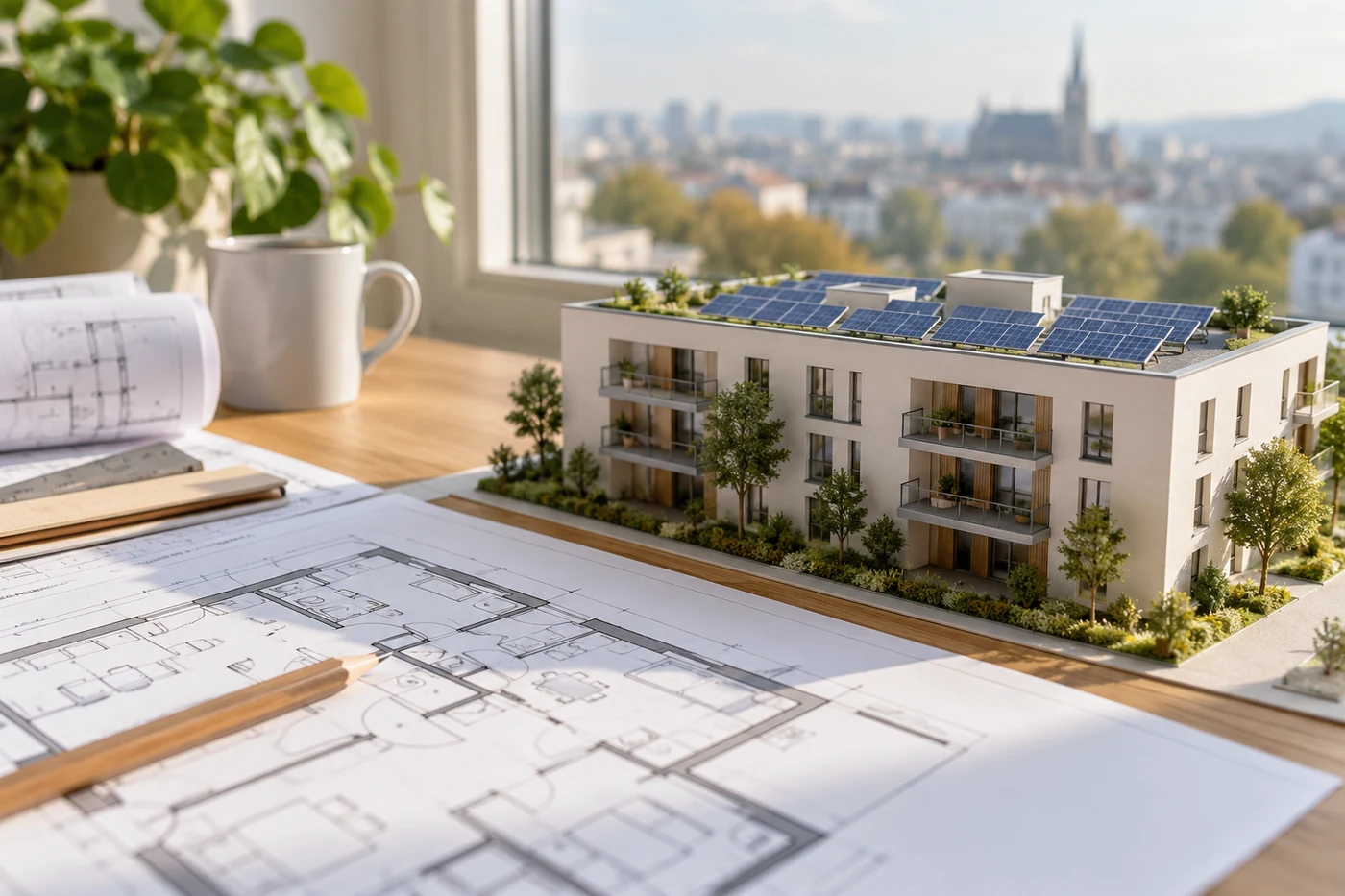 Gebäudemodell mit Solarmodulen auf einem Planungstisch