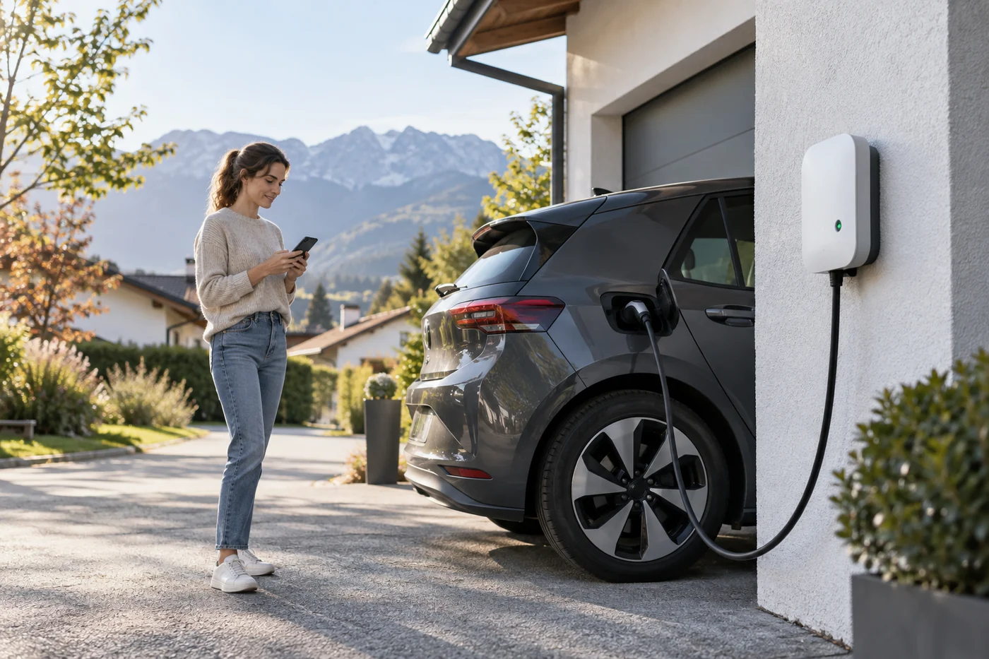 Wallbox und Elektroauto vor einer modernen Garage
