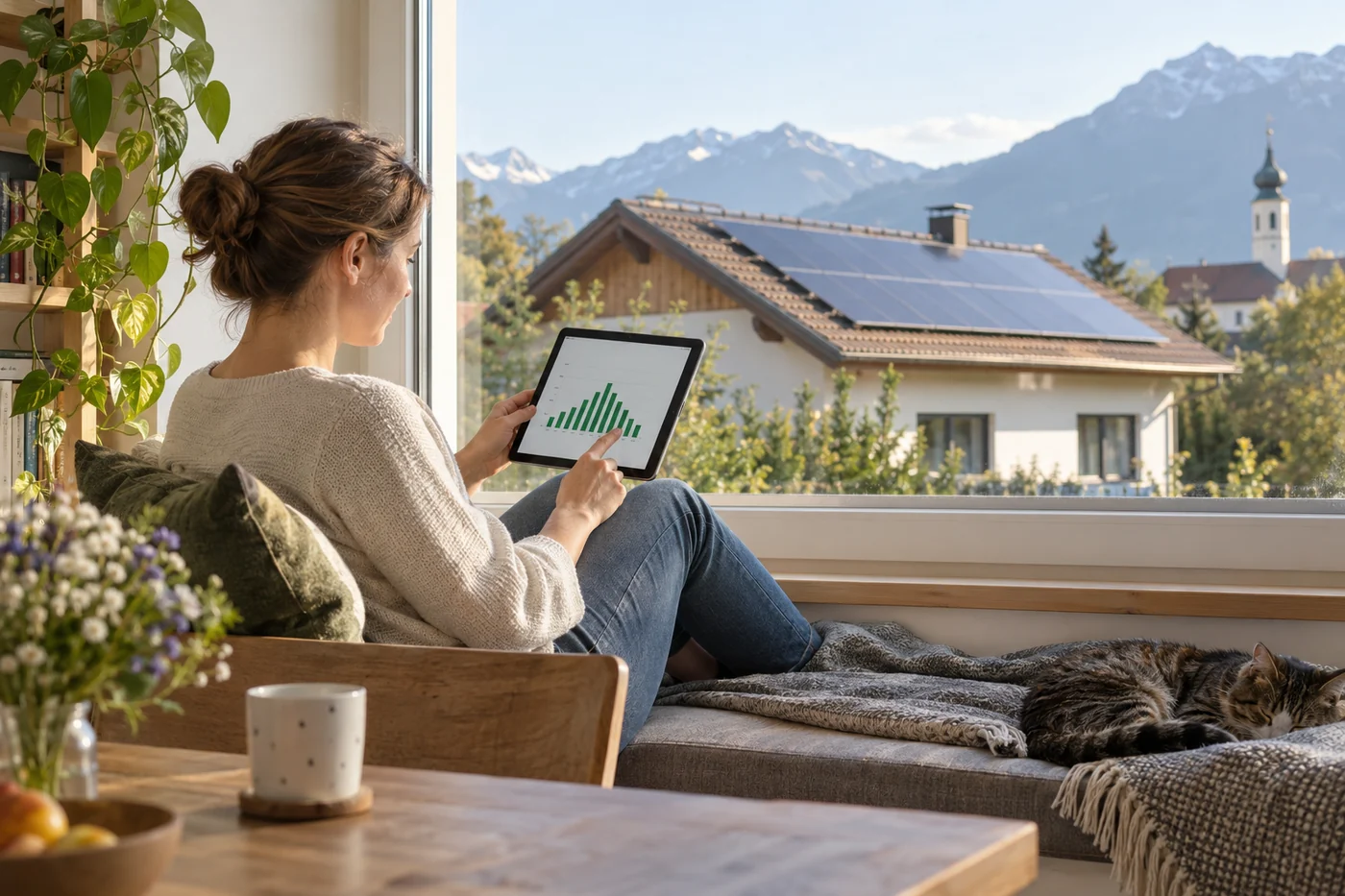 Hausbesitzer prüft Solarertrag auf einem Tablet im Wohnraum