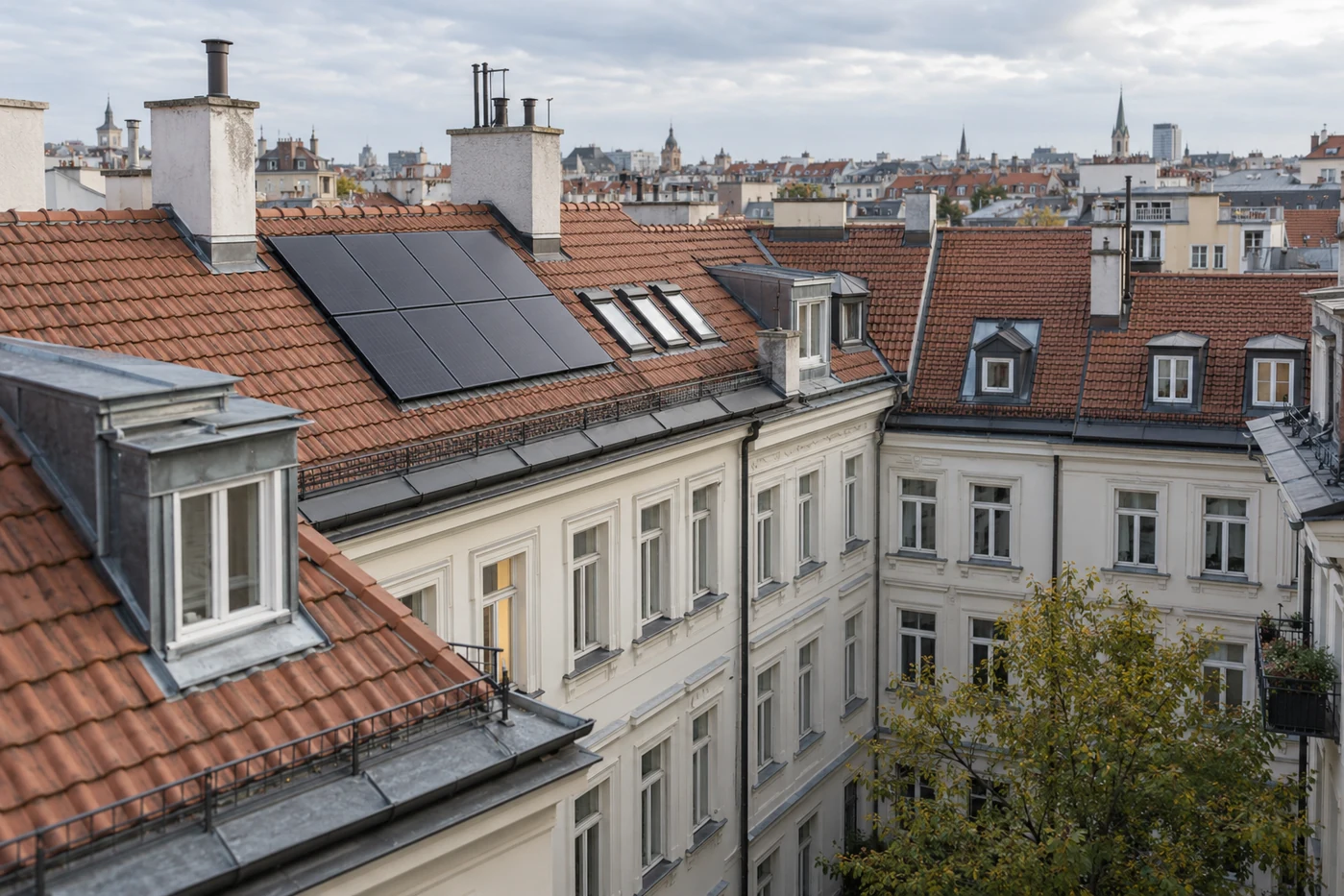 Photovoltaikmodule auf einem Wiener Altbaudach mit städtischem Umfeld