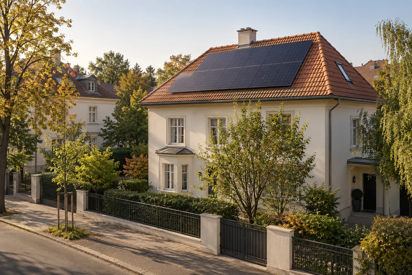 Wohnhaus mit Solarmodulen auf einem Ziegeldach in einem grünen Wiener Wohnviertel
