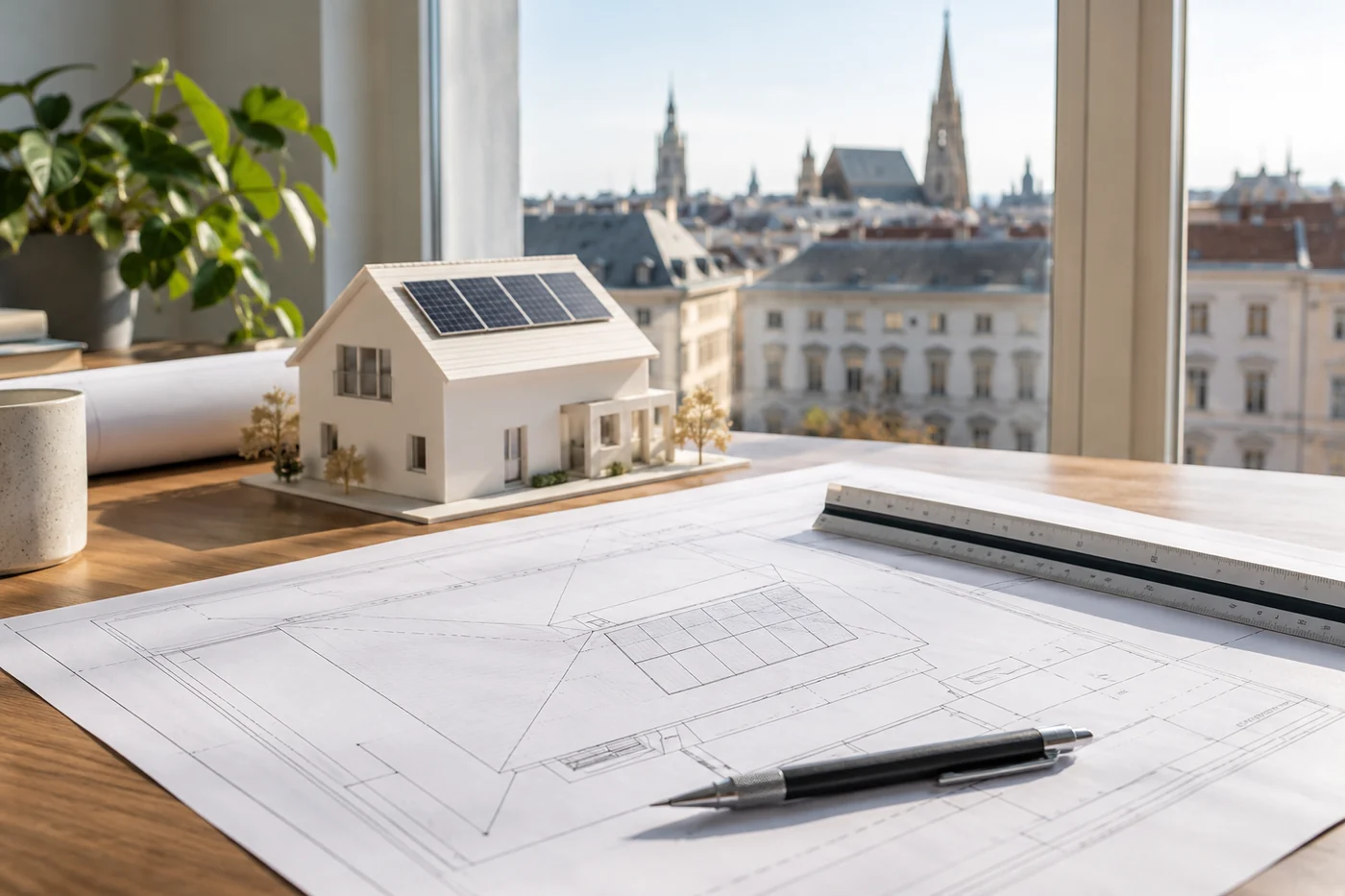 Dachplan und Modell eines Hauses zur PV-Planung